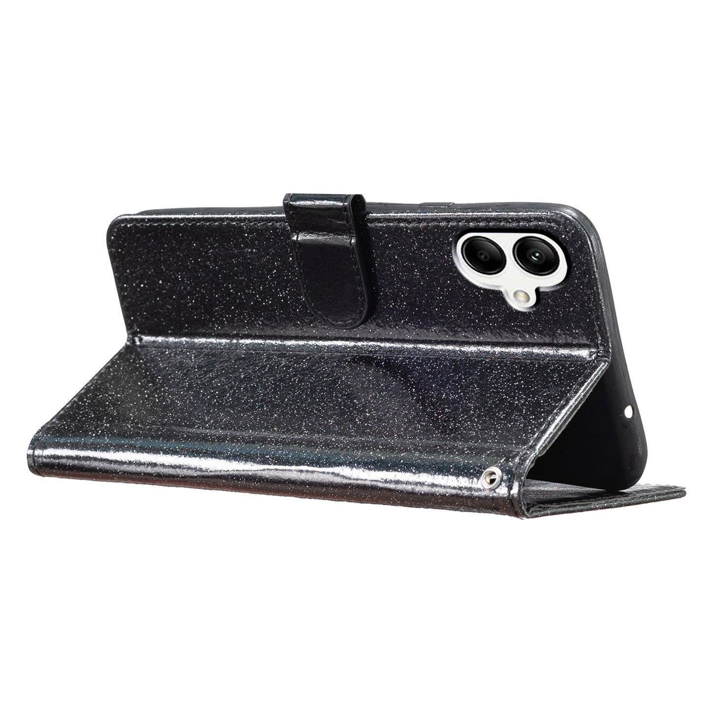 For Samsung Galaxy A06 Wallet Case Glitter Anti-Scratch Leather Phone Cover Stand - Black