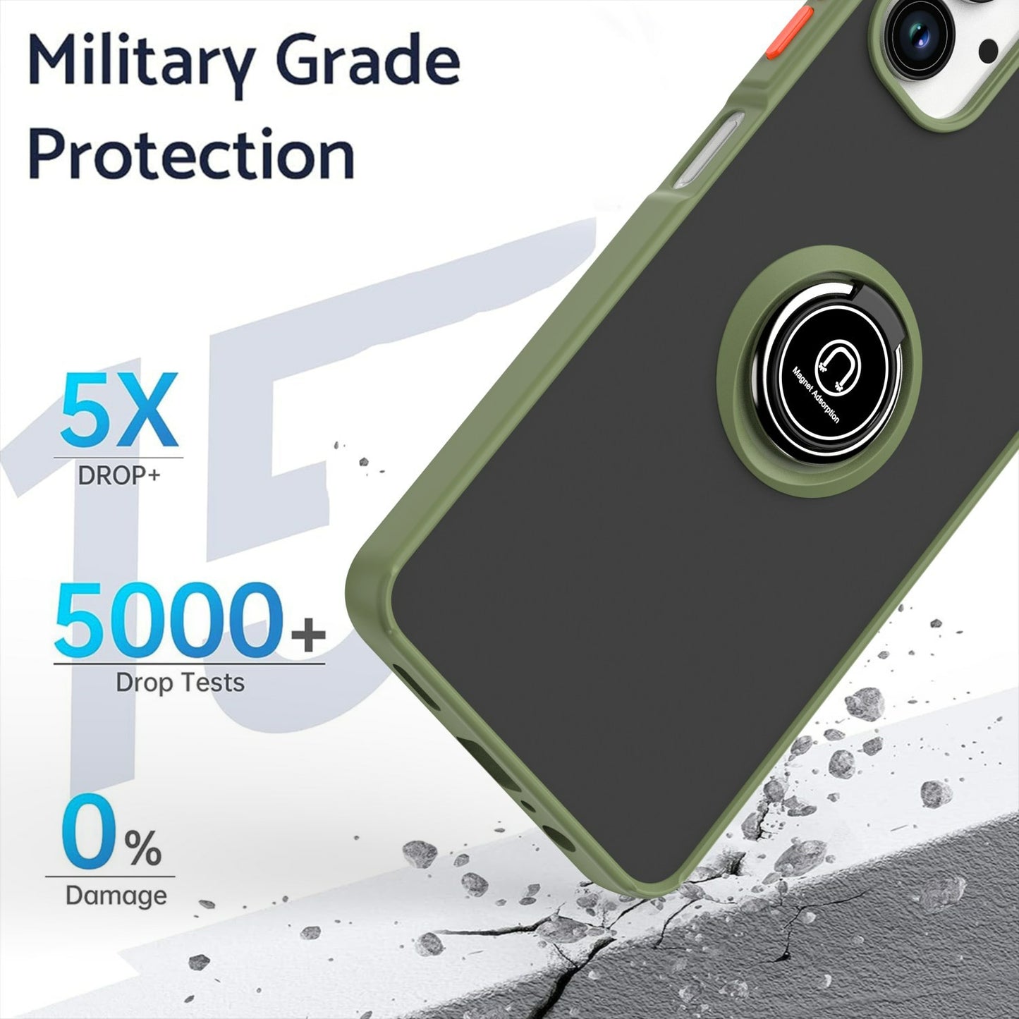 For Samsung Galaxy A06 Case Ring Holder Kickstand TPU+Acrylic Phone Cover - Army Green