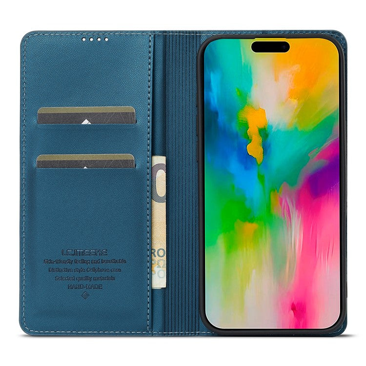 LC.IMEEKE L1 Series for iPhone 16 Case PU Leather Wallet Stand Protective Phone Cover - Blue