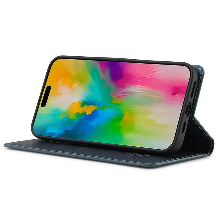 LC.IMEEKE L1 Series for iPhone 16 Case PU Leather Wallet Stand Protective Phone Cover - Blue