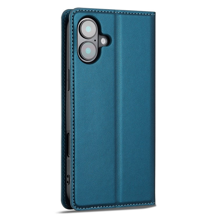 LC.IMEEKE L1 Series for iPhone 16 Case PU Leather Wallet Stand Protective Phone Cover - Blue