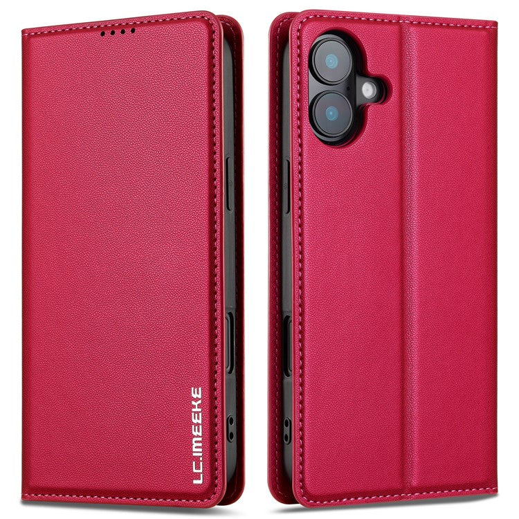 LC.IMEEKE L1 Series for iPhone 16 Case PU Leather Wallet Stand Protective Phone Cover - Red