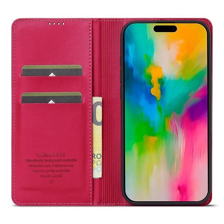 LC.IMEEKE L1 Series for iPhone 16 Case PU Leather Wallet Stand Protective Phone Cover - Red