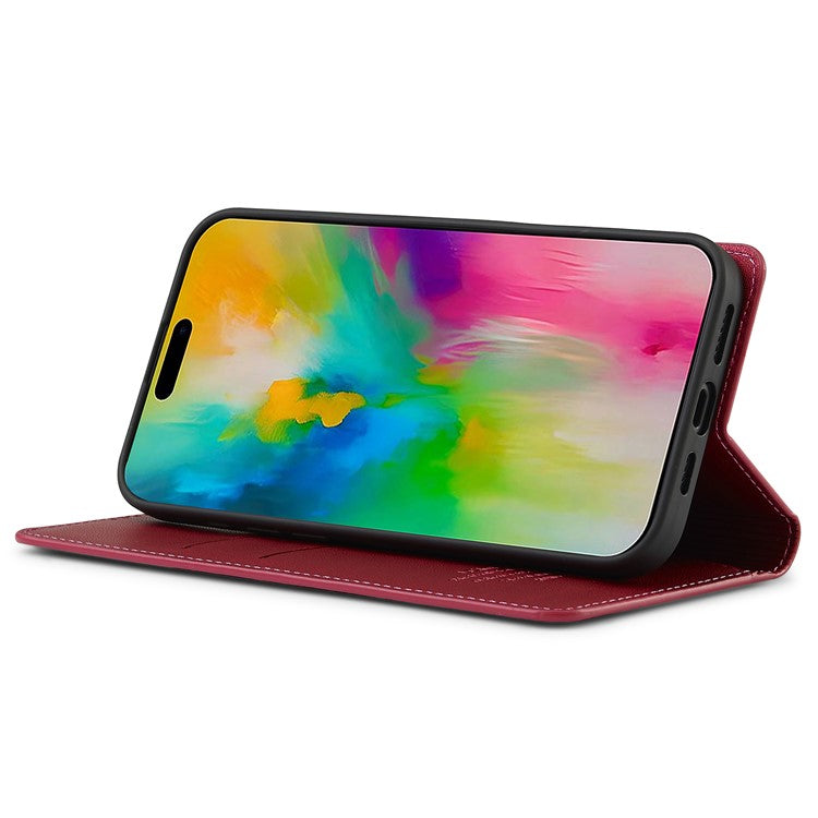 LC.IMEEKE L1 Series for iPhone 16 Case PU Leather Wallet Stand Protective Phone Cover - Red