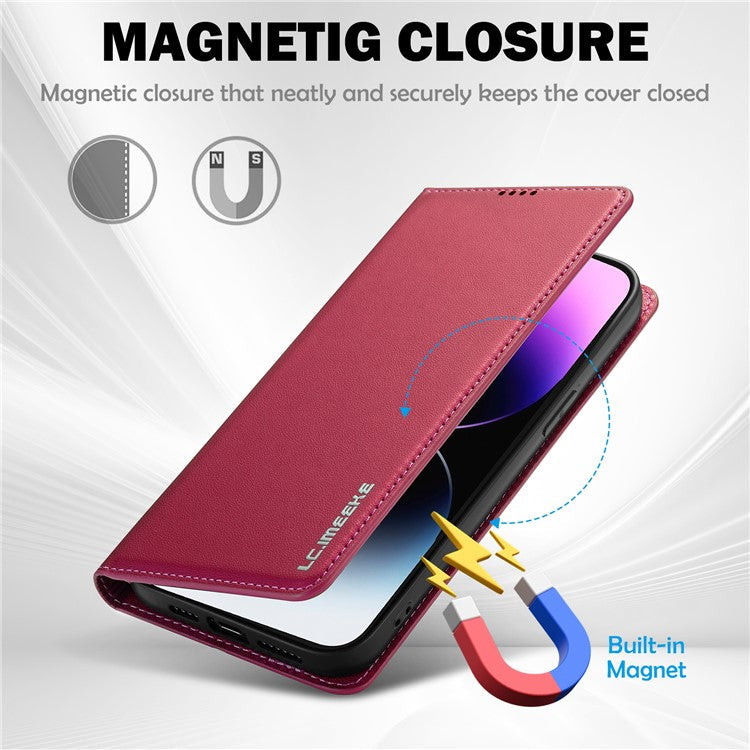 LC.IMEEKE L1 Series for iPhone 16 Case PU Leather Wallet Stand Protective Phone Cover - Red