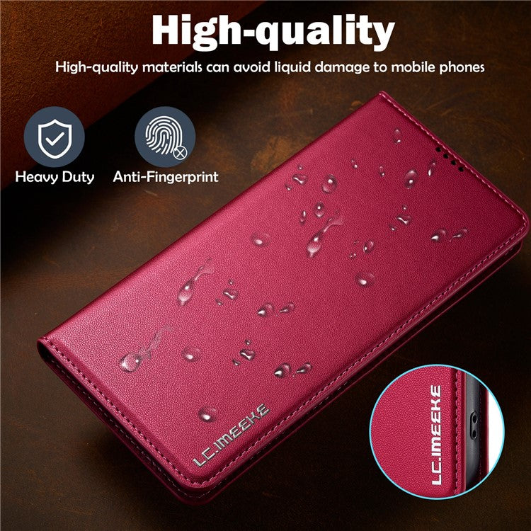 LC.IMEEKE L1 Series for iPhone 16 Case PU Leather Wallet Stand Protective Phone Cover - Red