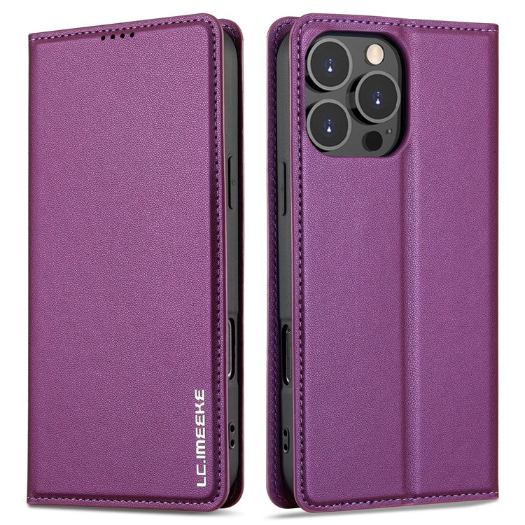 LC.IMEEKE L1 Series for iPhone 16 Pro Case PU Leather Wallet Stand Protective Phone Cover - Purple