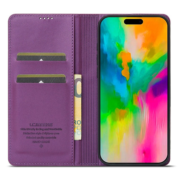 LC.IMEEKE L1 Series for iPhone 16 Pro Case PU Leather Wallet Stand Protective Phone Cover - Purple