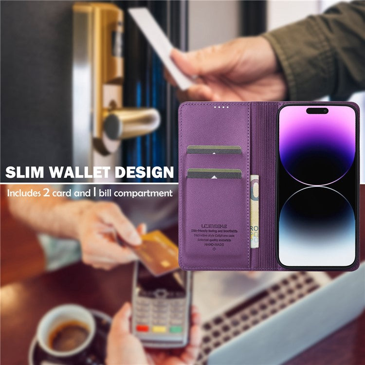 LC.IMEEKE L1 Series for iPhone 16 Pro Case PU Leather Wallet Stand Protective Phone Cover - Purple