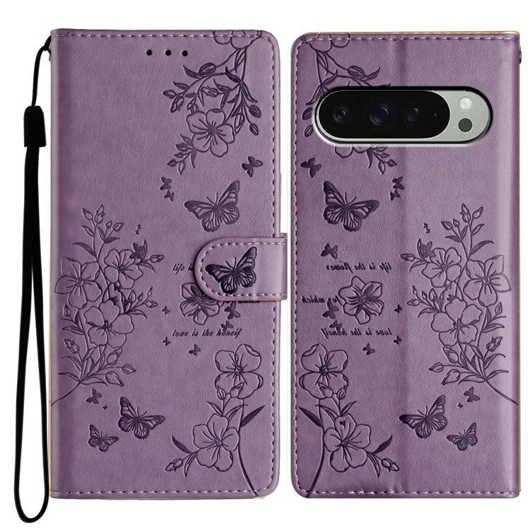 For Google Pixel 9 Pro / Pixel 9 Wallet Phone Case Butterfly Floral Imprint Leather Flip Cover - Purple