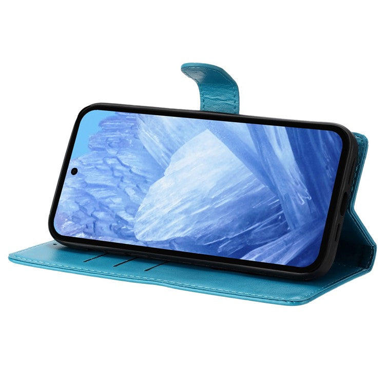 For Google Pixel 9 Pro / Pixel 9 Wallet Phone Case Butterfly Floral Imprint Leather Flip Cover - Blue