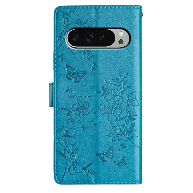 For Google Pixel 9 Pro / Pixel 9 Wallet Phone Case Butterfly Floral Imprint Leather Flip Cover - Blue