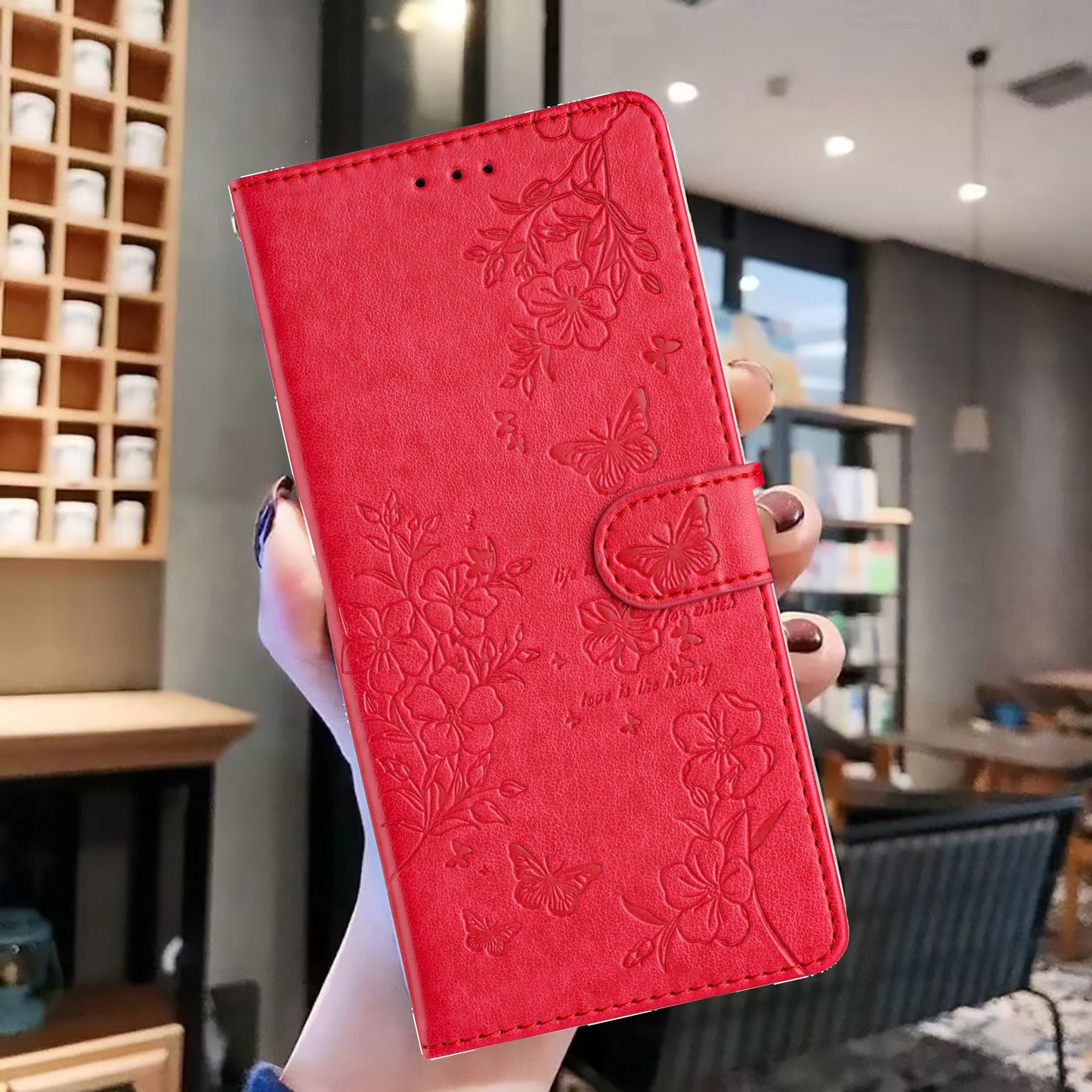 For Samsung Galaxy A16 5G / A16 4G Wallet Phone Case Butterfly Floral Imprint Leather Flip Cover - Red