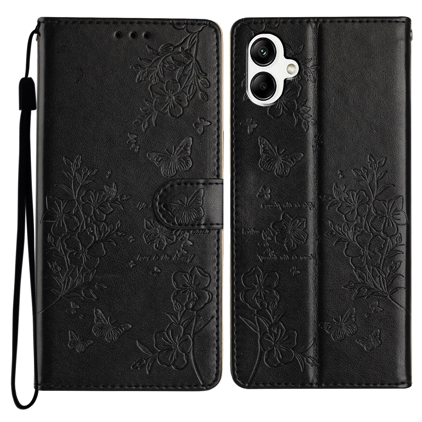For Samsung Galaxy A06 Wallet Phone Case Butterfly Floral Imprint Leather Flip Cover - Black