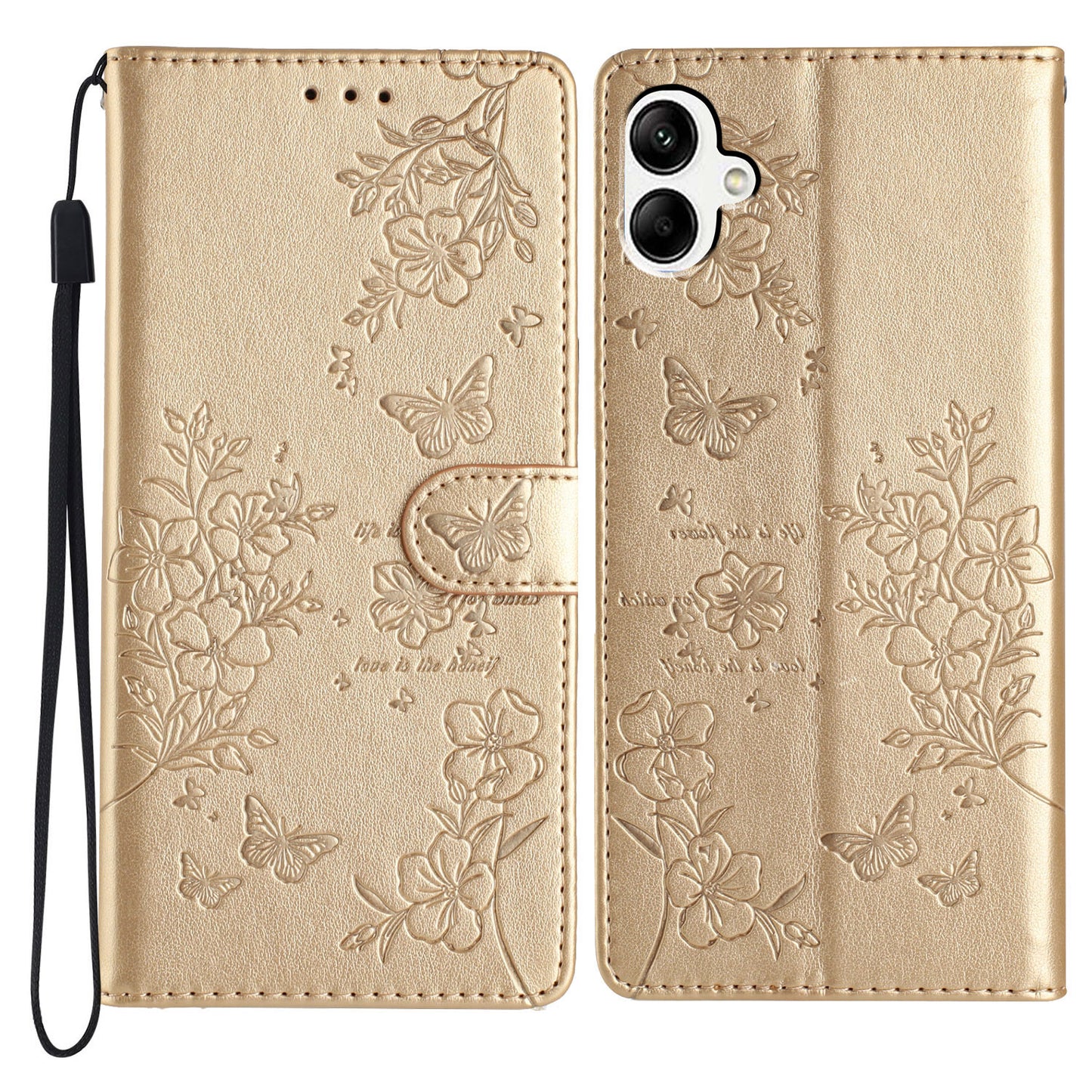 For Samsung Galaxy A06 Wallet Phone Case Butterfly Floral Imprint Leather Flip Cover - Gold