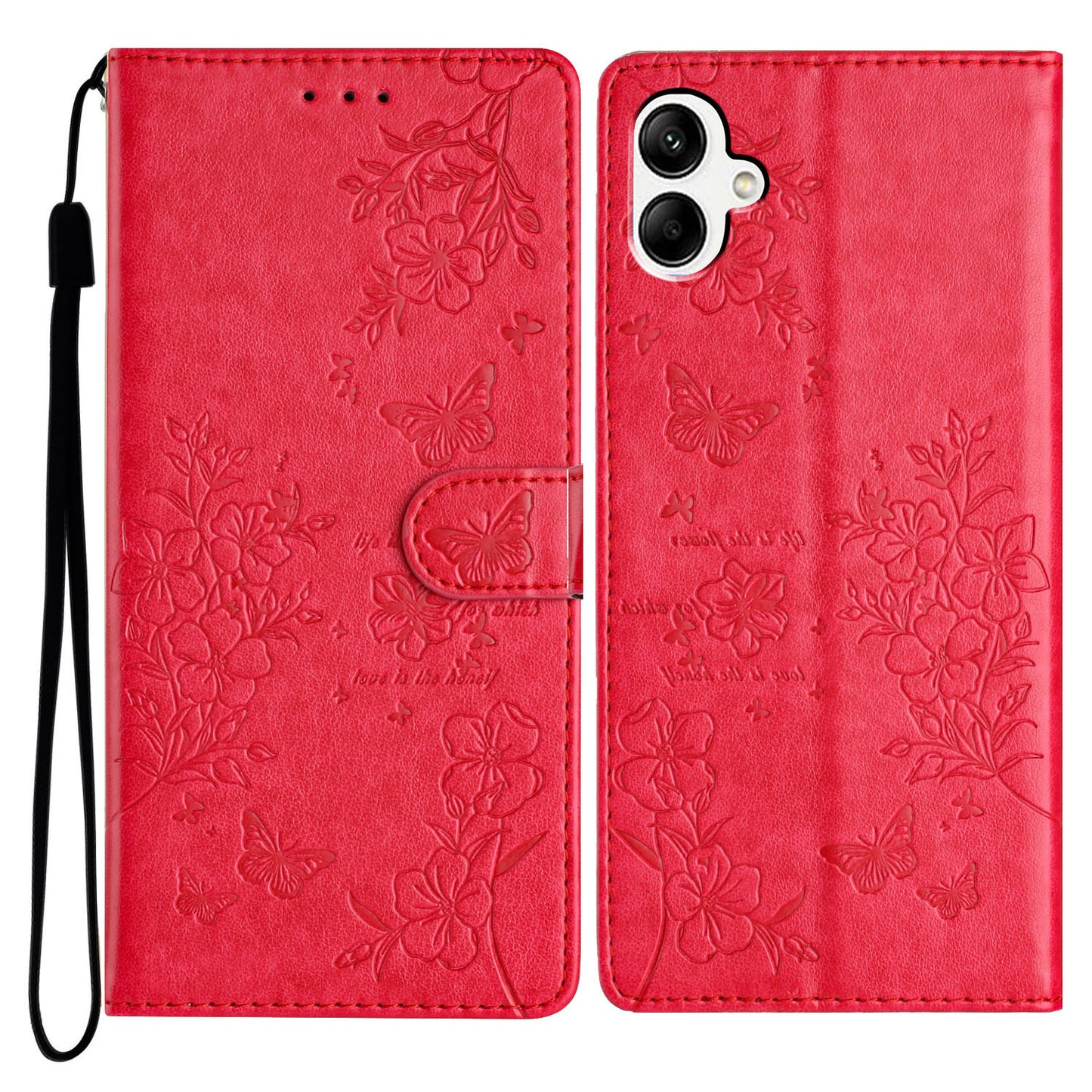 For Samsung Galaxy A06 Wallet Phone Case Butterfly Floral Imprint Leather Flip Cover - Red
