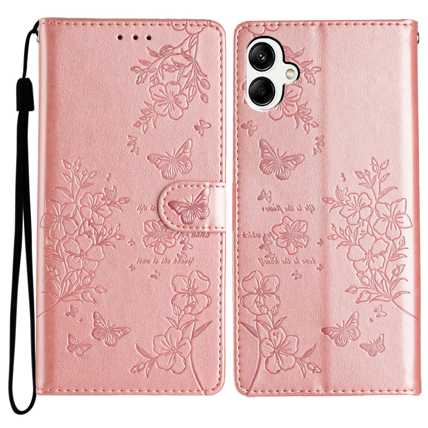 For Samsung Galaxy A06 Wallet Phone Case Butterfly Floral Imprint Leather Flip Cover - Rose Gold