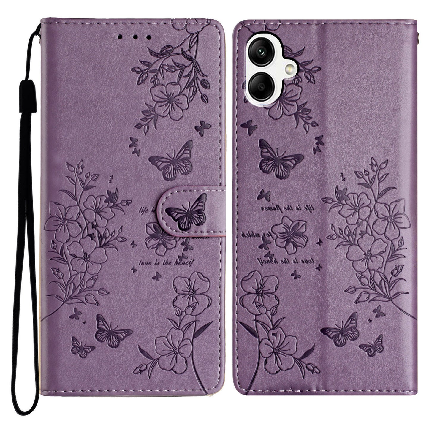 For Samsung Galaxy A06 Wallet Phone Case Butterfly Floral Imprint Leather Flip Cover - Purple