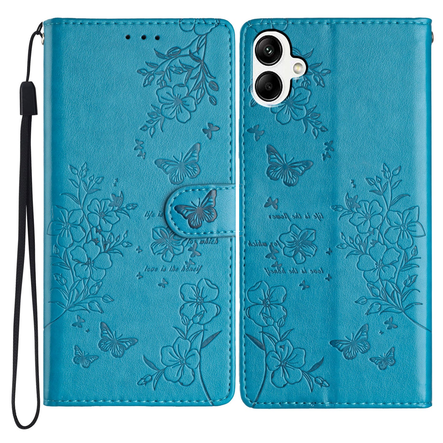 For Samsung Galaxy A06 Wallet Phone Case Butterfly Floral Imprint Leather Flip Cover - Blue
