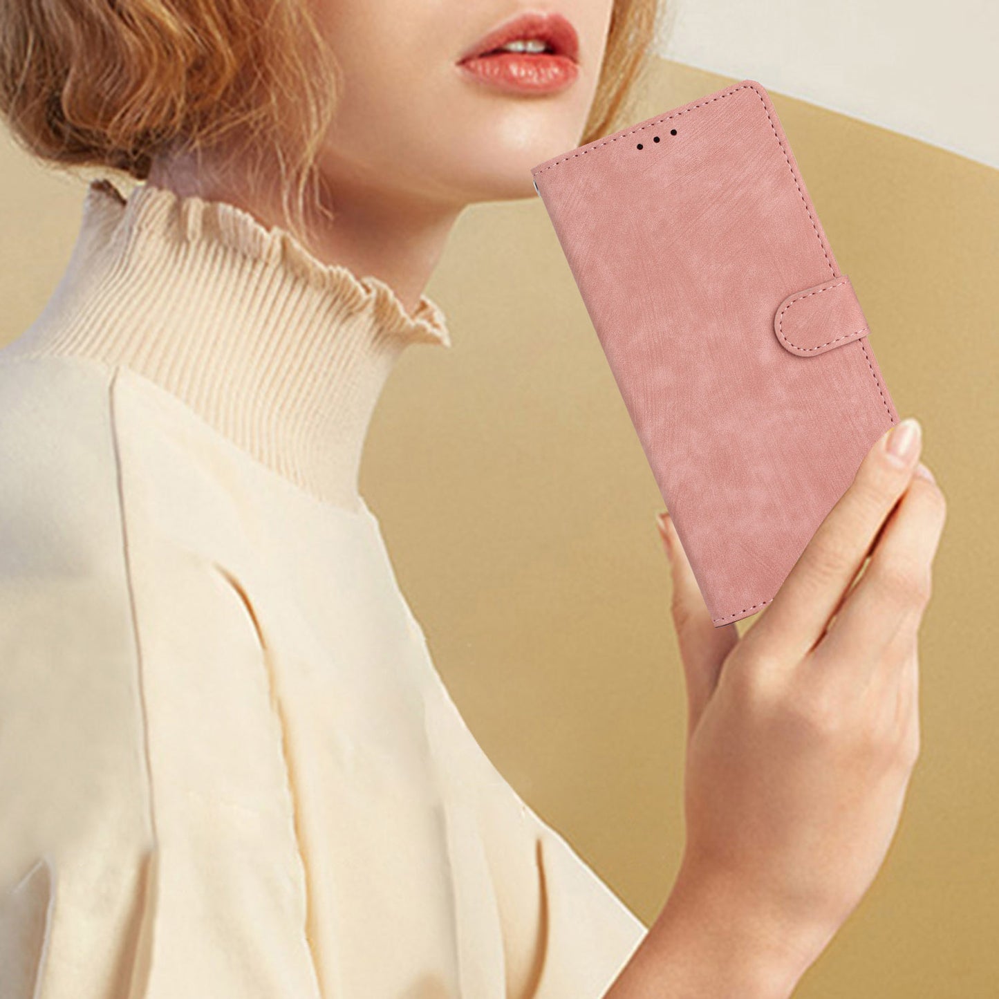 For Samsung Galaxy A06 Case with Card Clots Skin-touch PU Leather Phone Cover Stand - Rose Gold