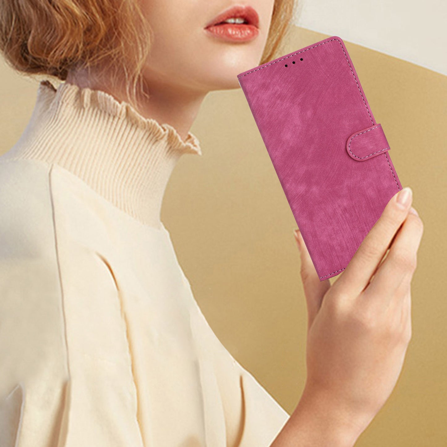 For Samsung Galaxy A06 Case with Card Clots Skin-touch PU Leather Phone Cover Stand - Rose