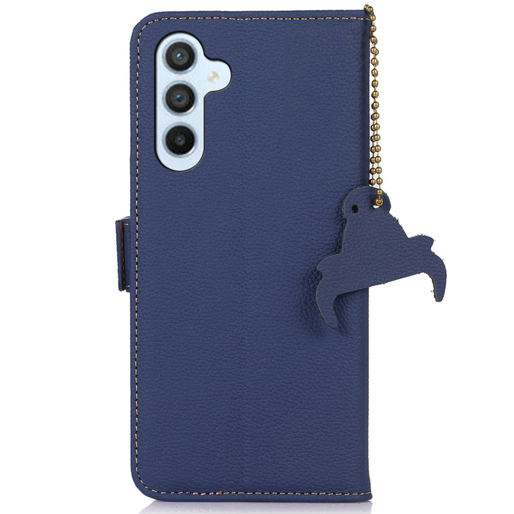 For Samsung Galaxy A16 5G / A16 4G Case RFID Blocking Textured Genuine Cow Leather Phone Cover - Sapphire