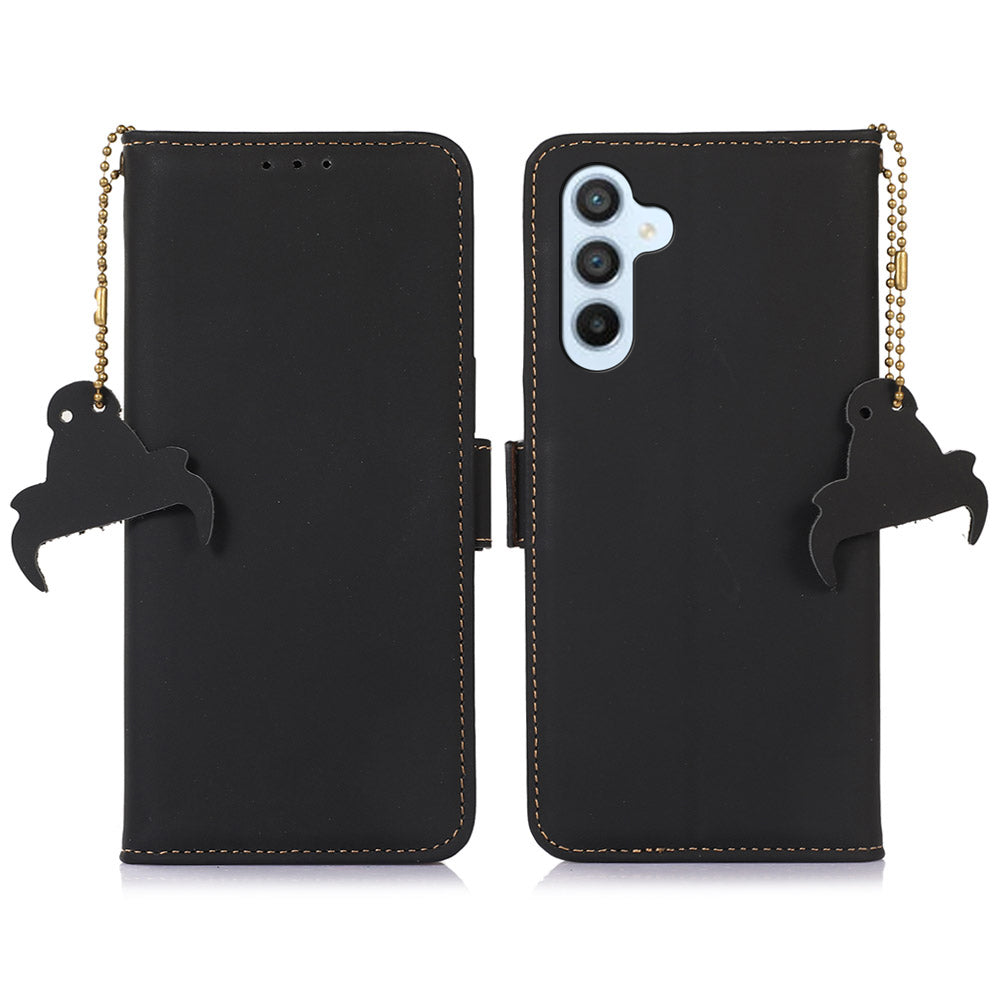 For Samsung Galaxy A16 5G / A16 4G Wallet Case Anti-Drop Genuine Cow Leather Phone Cover RFID Blocking - Black