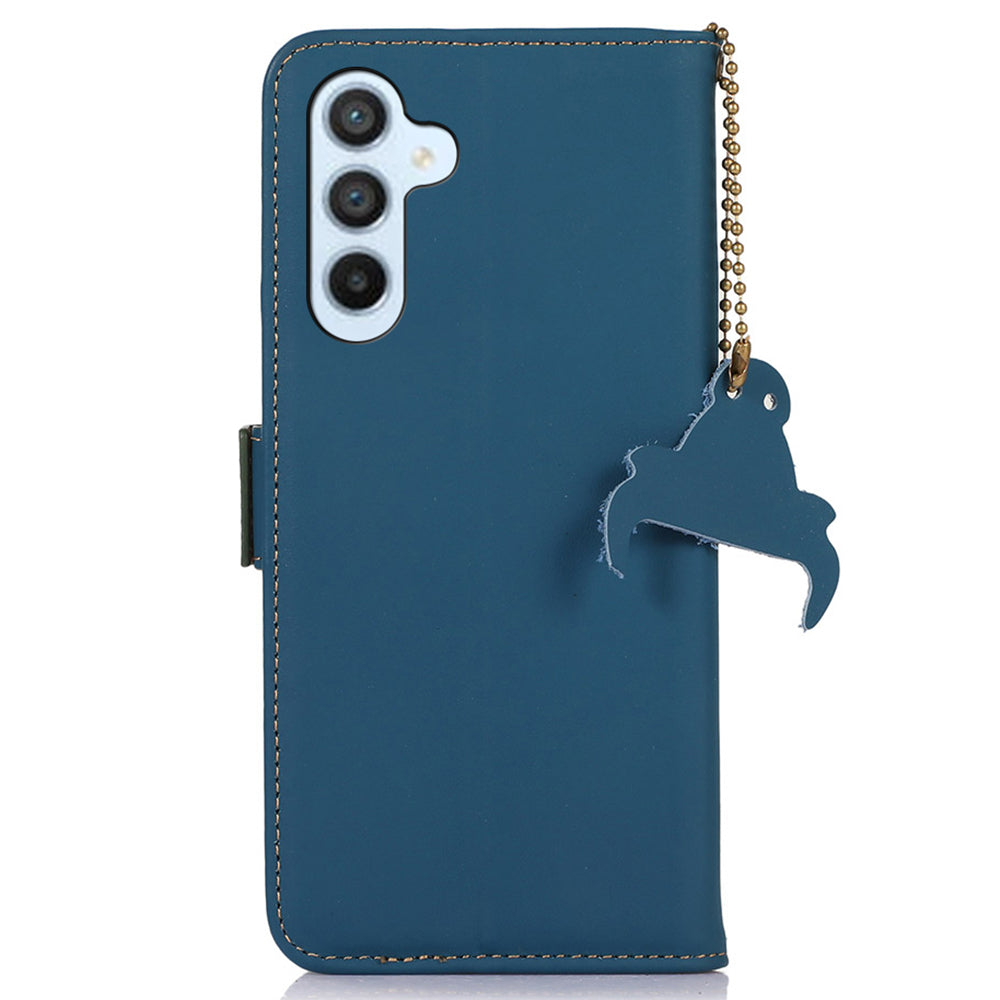 For Samsung Galaxy A16 5G / A16 4G Wallet Case Anti-Drop Genuine Cow Leather Phone Cover RFID Blocking - Blue