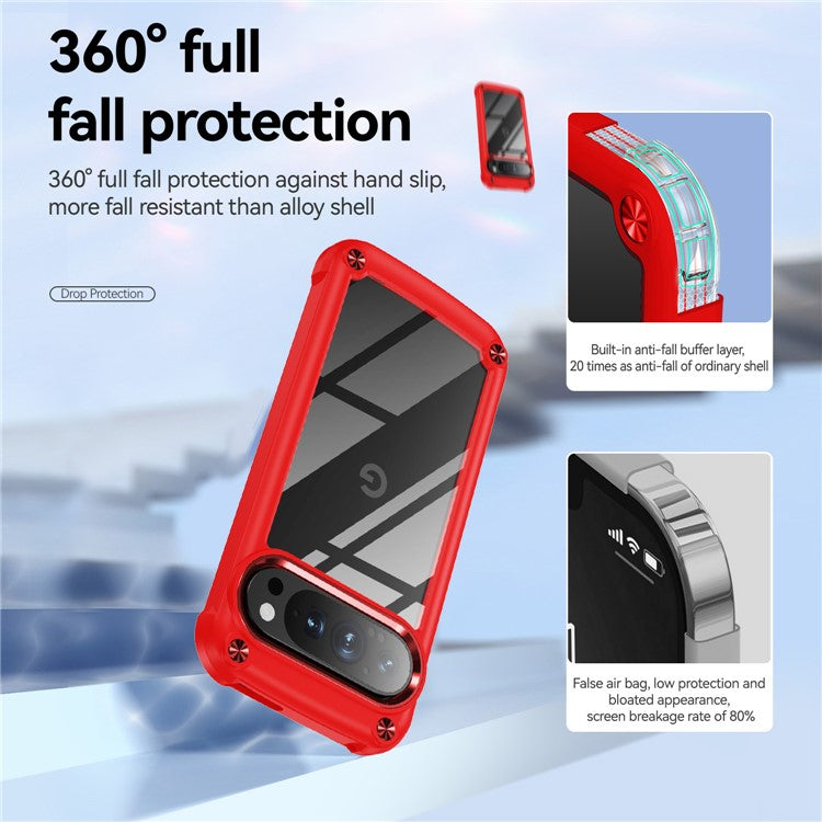 For Google Pixel 9 / 9 Pro Case Anti-Drop Alloy Lens Frame PC+TPU Phone Cover - Red