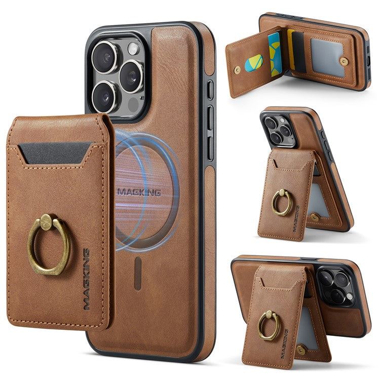 MAGKING K1 Series For iPhone 16 Pro Magnetic Case PC+TPU+PU Phone Cover with Card Holder Kickstand - Brown
