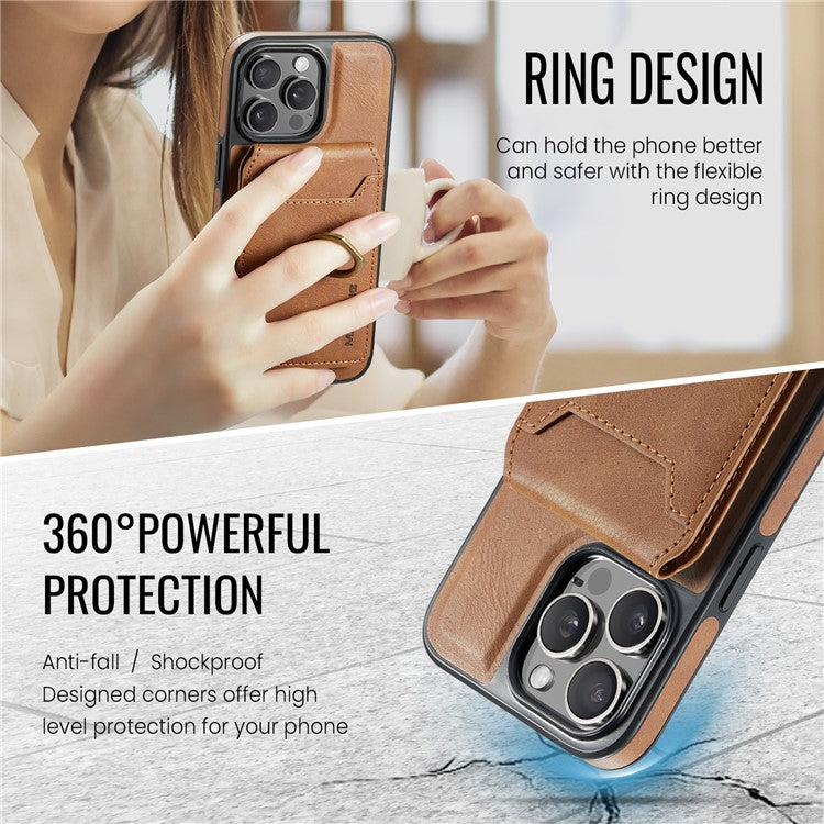 MAGKING K1 Series For iPhone 16 Pro Magnetic Case PC+TPU+PU Phone Cover with Card Holder Kickstand - Brown