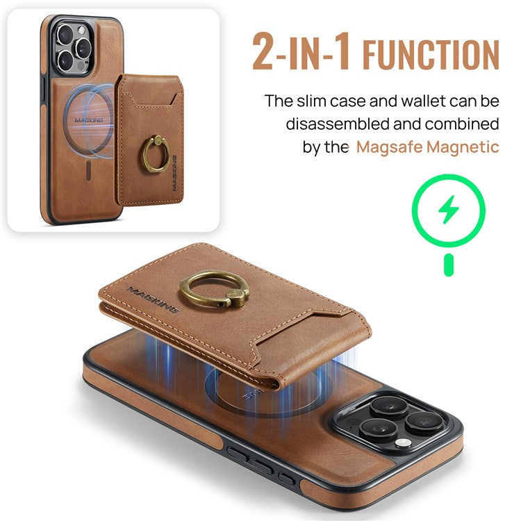 MAGKING K1 Series For iPhone 16 Pro Magnetic Case PC+TPU+PU Phone Cover with Card Holder Kickstand - Brown