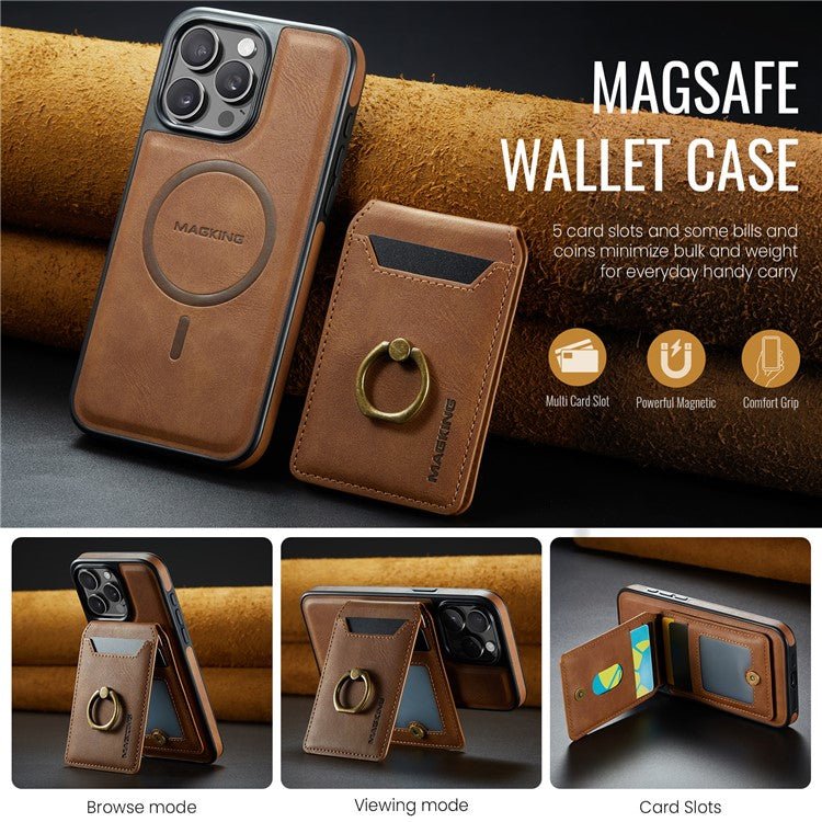MAGKING K1 Series For iPhone 16 Pro Magnetic Case PC+TPU+PU Phone Cover with Card Holder Kickstand - Brown