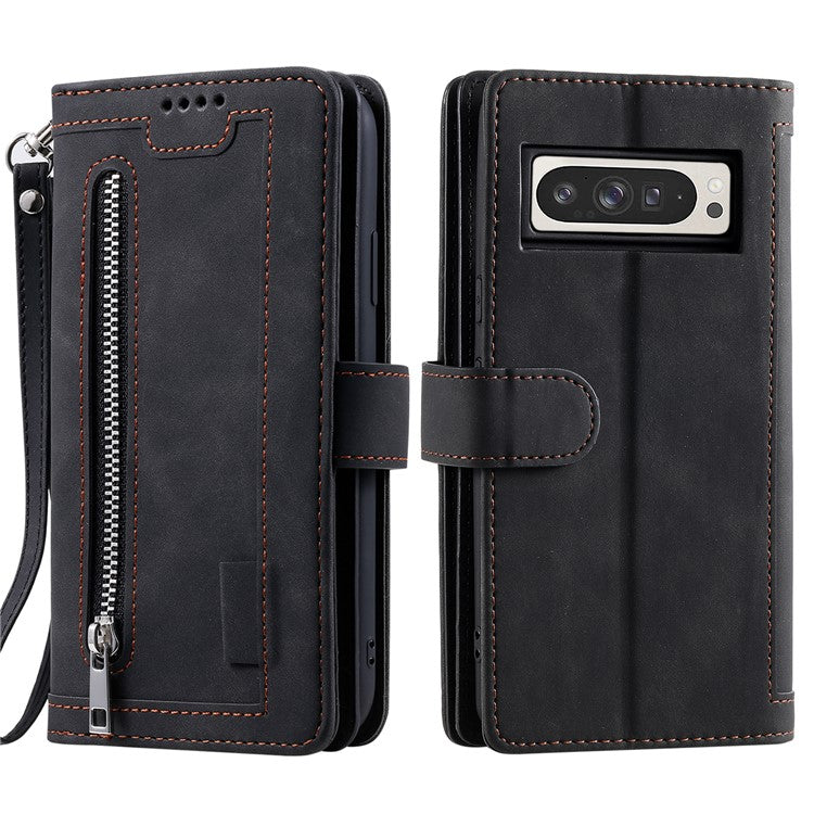 For Google Pixel 9 Pro XL Case PU Leather Phone Cover with Zipper Wallet 9 Card Slots - Black
