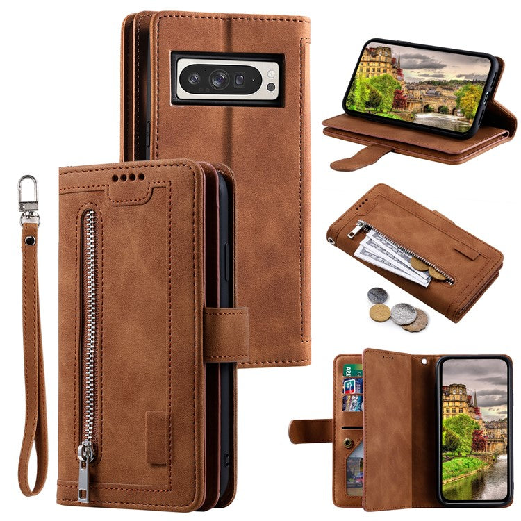 For Google Pixel 9 Pro XL Case PU Leather Phone Cover with Zipper Wallet 9 Card Slots - Brown