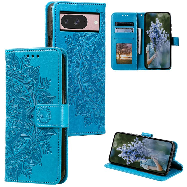 For Google Pixel 9 / 9 Pro Case Imprinted Totem PU Leather Wallet Stand Phone Cover - Blue
