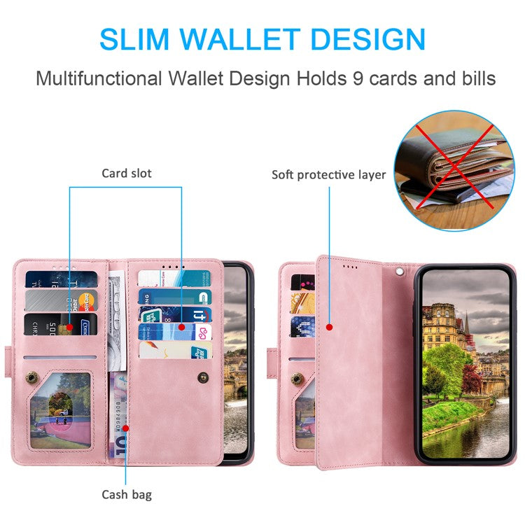 For Google Pixel 9 / 9 Pro Case PU Leather Phone Cover with Zipper Wallet 9 Card Slots - Rose Gold