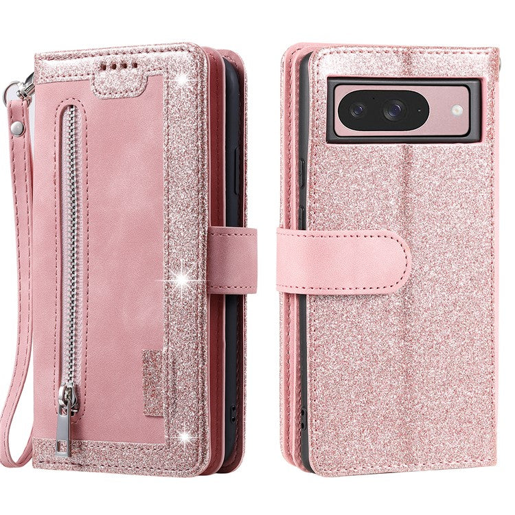 For Google Pixel 9 / 9 Pro Case PU Leather Phone Cover with Zipper Wallet 9 Card Slots - Rose Gold