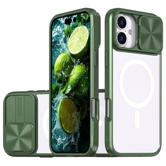 For iPhone 16 Plus Clear Phone Case Compatible with MagSafe PC Cover with Camera Lens Slider - Olive Green