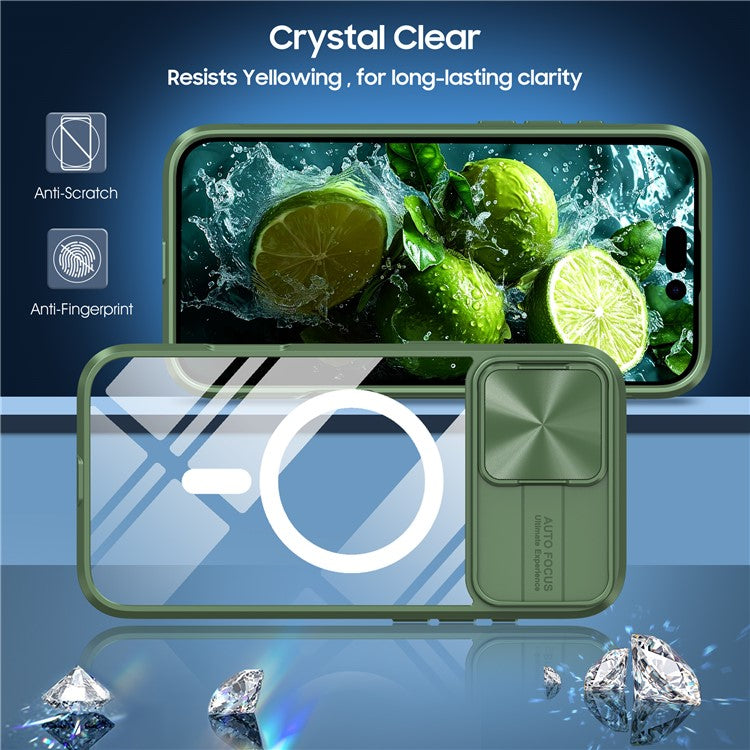 For iPhone 16 Plus Clear Phone Case Compatible with MagSafe PC Cover with Camera Lens Slider - Olive Green