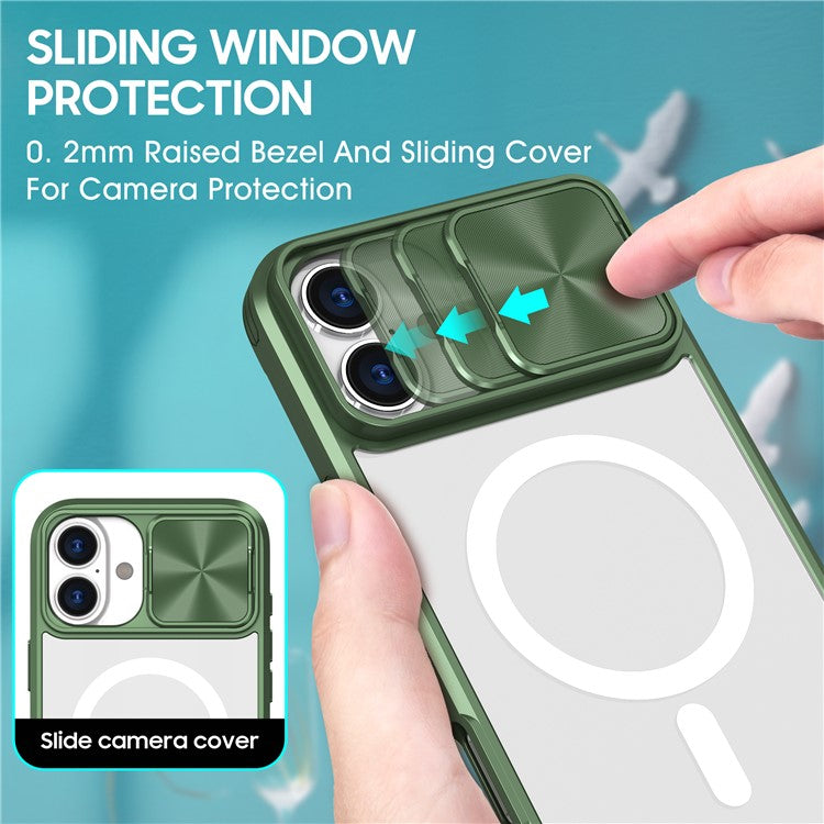 For iPhone 16 Plus Clear Phone Case Compatible with MagSafe PC Cover with Camera Lens Slider - Olive Green