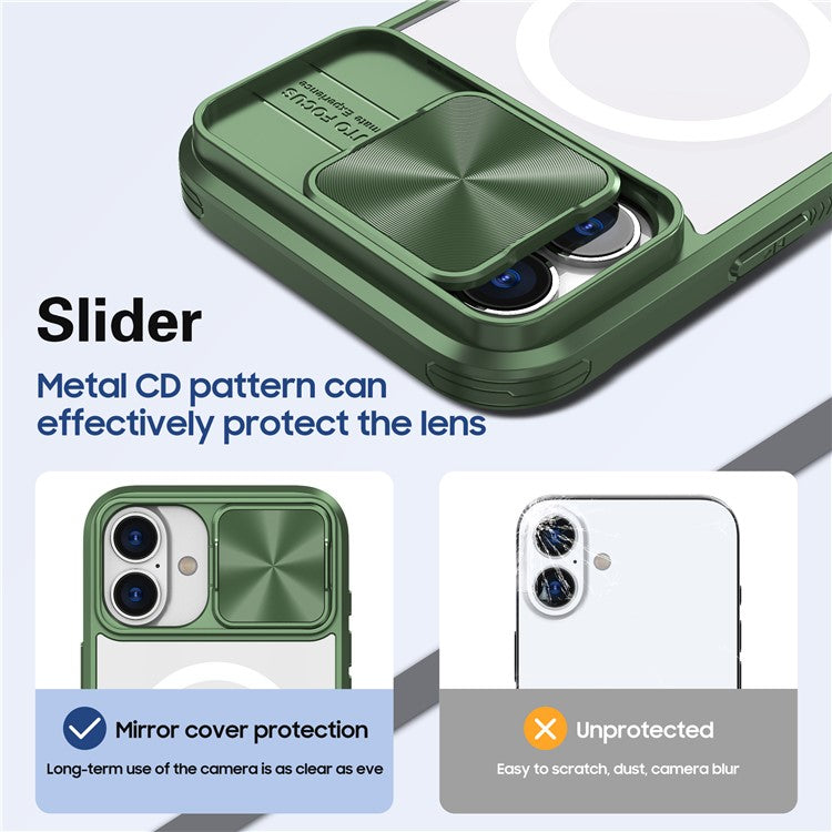 For iPhone 16 Plus Clear Phone Case Compatible with MagSafe PC Cover with Camera Lens Slider - Olive Green