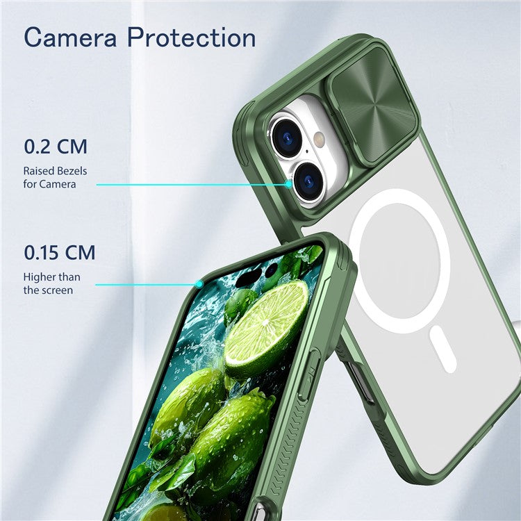For iPhone 16 Plus Clear Phone Case Compatible with MagSafe PC Cover with Camera Lens Slider - Olive Green