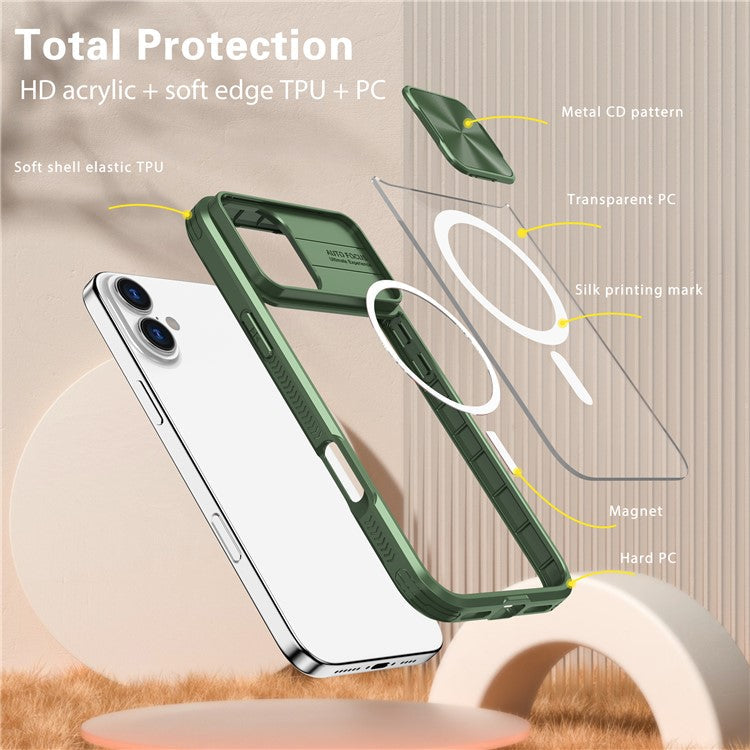 For iPhone 16 Plus Clear Phone Case Compatible with MagSafe PC Cover with Camera Lens Slider - Olive Green