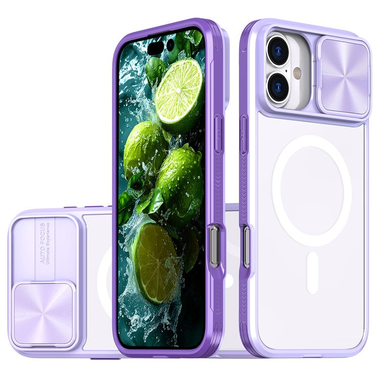 For iPhone 16 Plus Clear Phone Case Compatible with MagSafe PC Cover with Camera Lens Slider - Purple