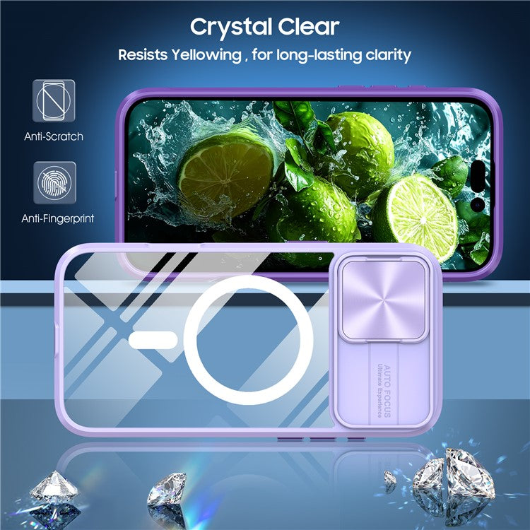 For iPhone 16 Plus Clear Phone Case Compatible with MagSafe PC Cover with Camera Lens Slider - Purple