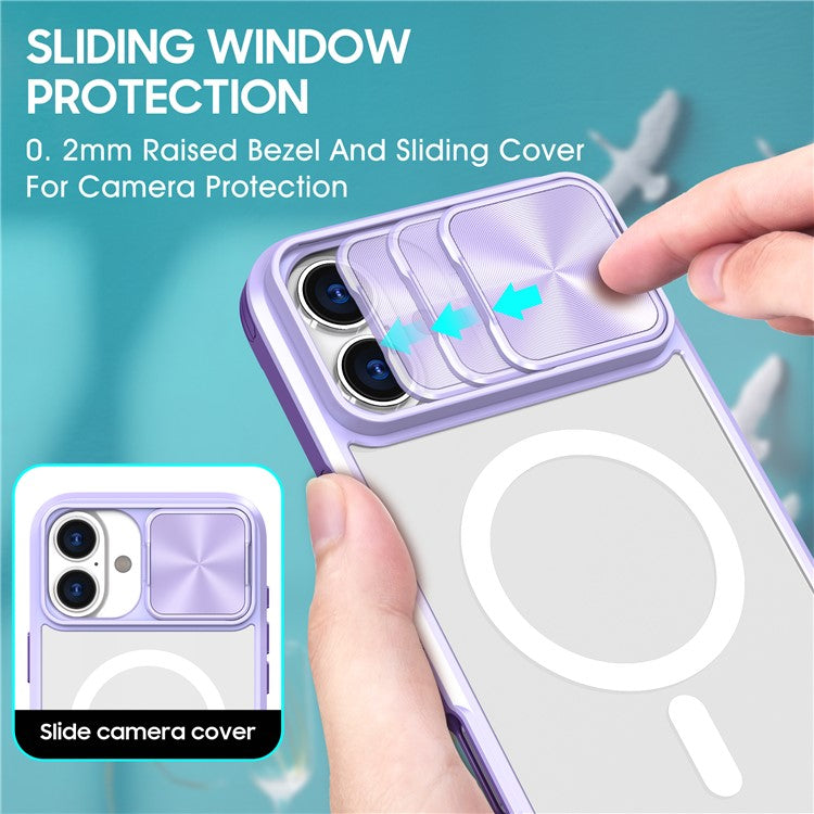 For iPhone 16 Plus Clear Phone Case Compatible with MagSafe PC Cover with Camera Lens Slider - Purple