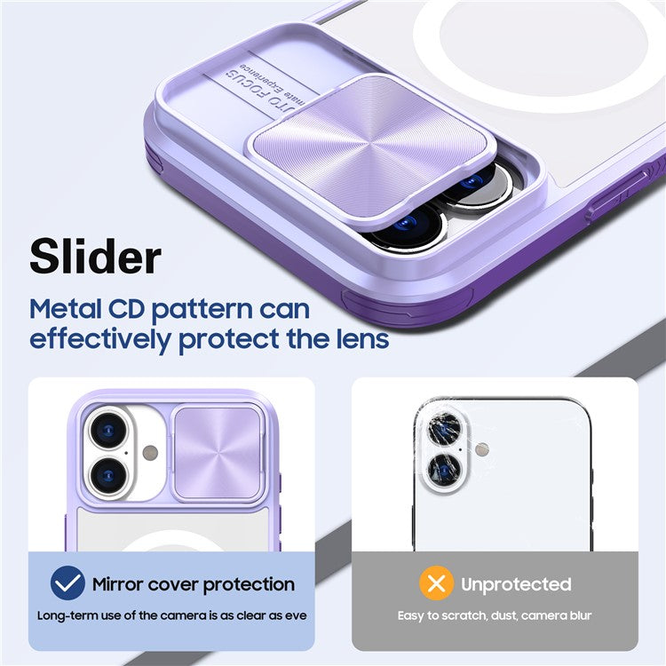 For iPhone 16 Plus Clear Phone Case Compatible with MagSafe PC Cover with Camera Lens Slider - Purple