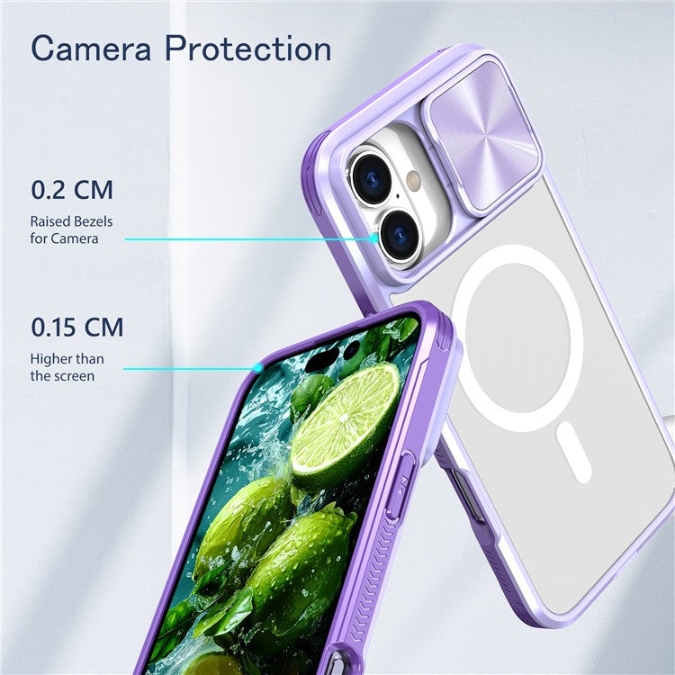 For iPhone 16 Plus Clear Phone Case Compatible with MagSafe PC Cover with Camera Lens Slider - Purple