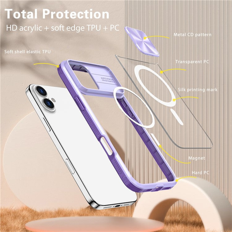 For iPhone 16 Plus Clear Phone Case Compatible with MagSafe PC Cover with Camera Lens Slider - Purple
